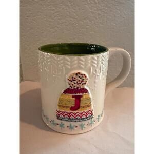 Anthropologie Bundled Up J Initial Pom Pom Hat Coffee Tea Mug Cup New Condition